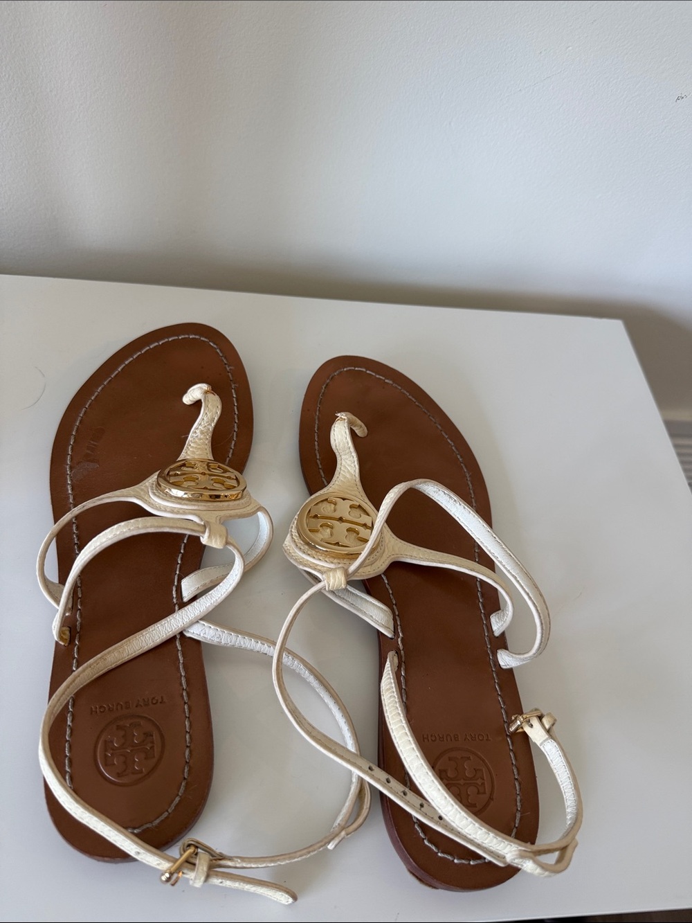 Tory Burch Gold-Accent Ivory Leather Strappy Sandals
